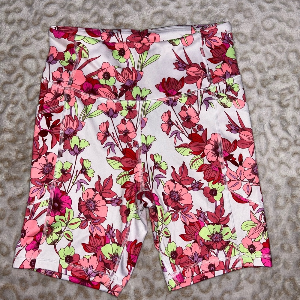 Avia Pink and Green Bike Shorts Vibrant Floral Design
